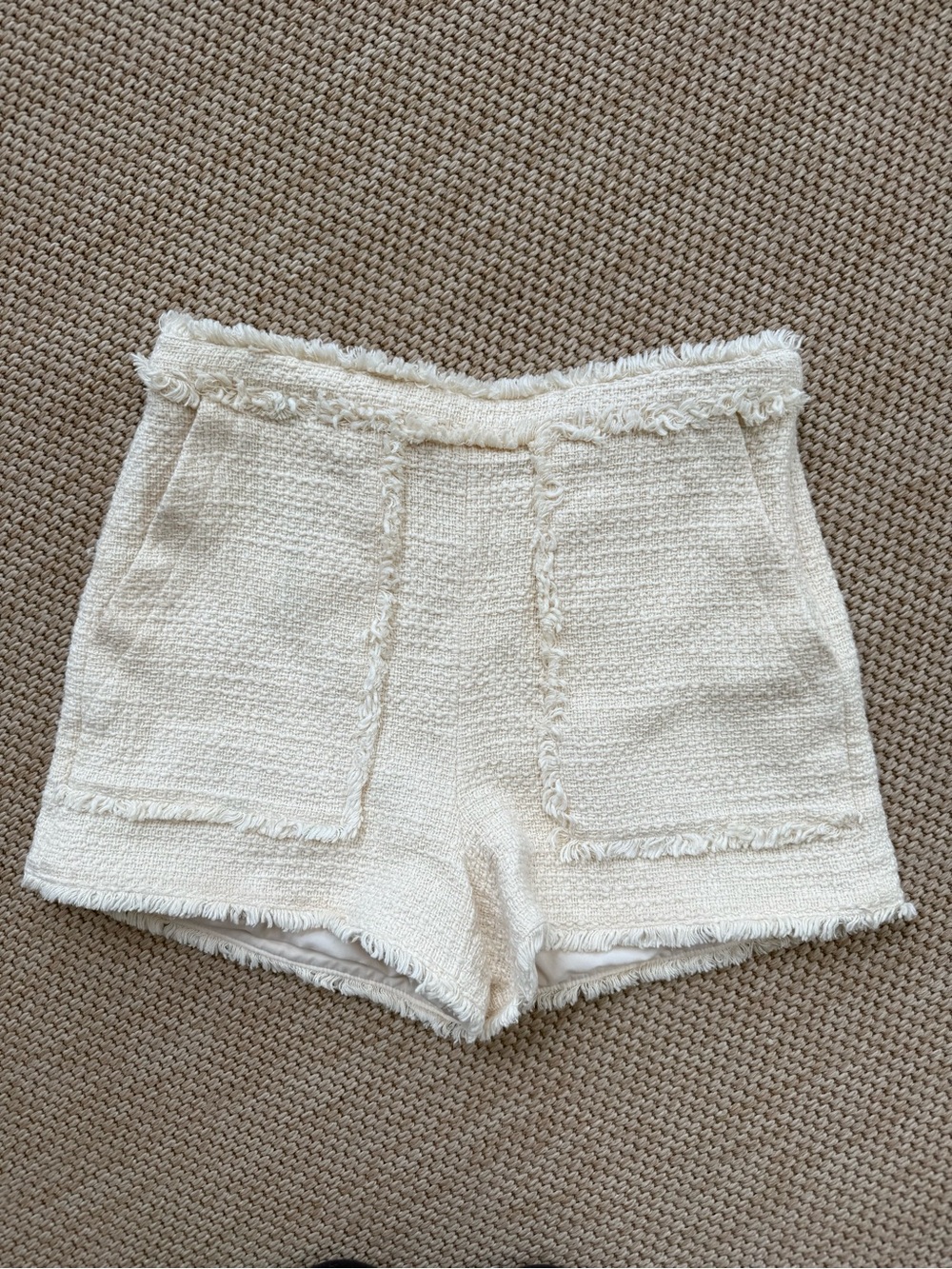Elie Tahari Cream Tweed High-Waist Frayed Shorts